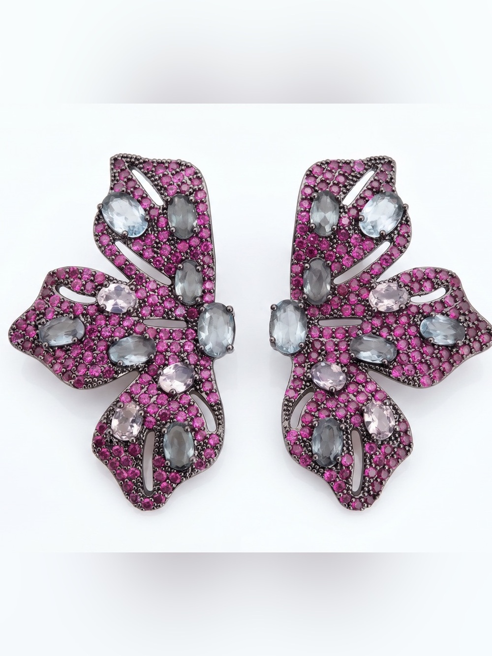 Pink CZ Petal Statement Gunmetal Earrings